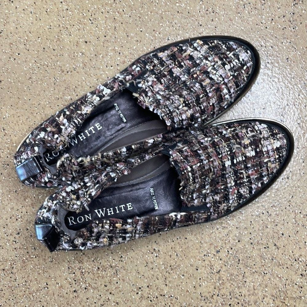 Ron White Sha-Nell Tweed Leather Slip On Loafers 36 Chrome, Black, Pink, Brown